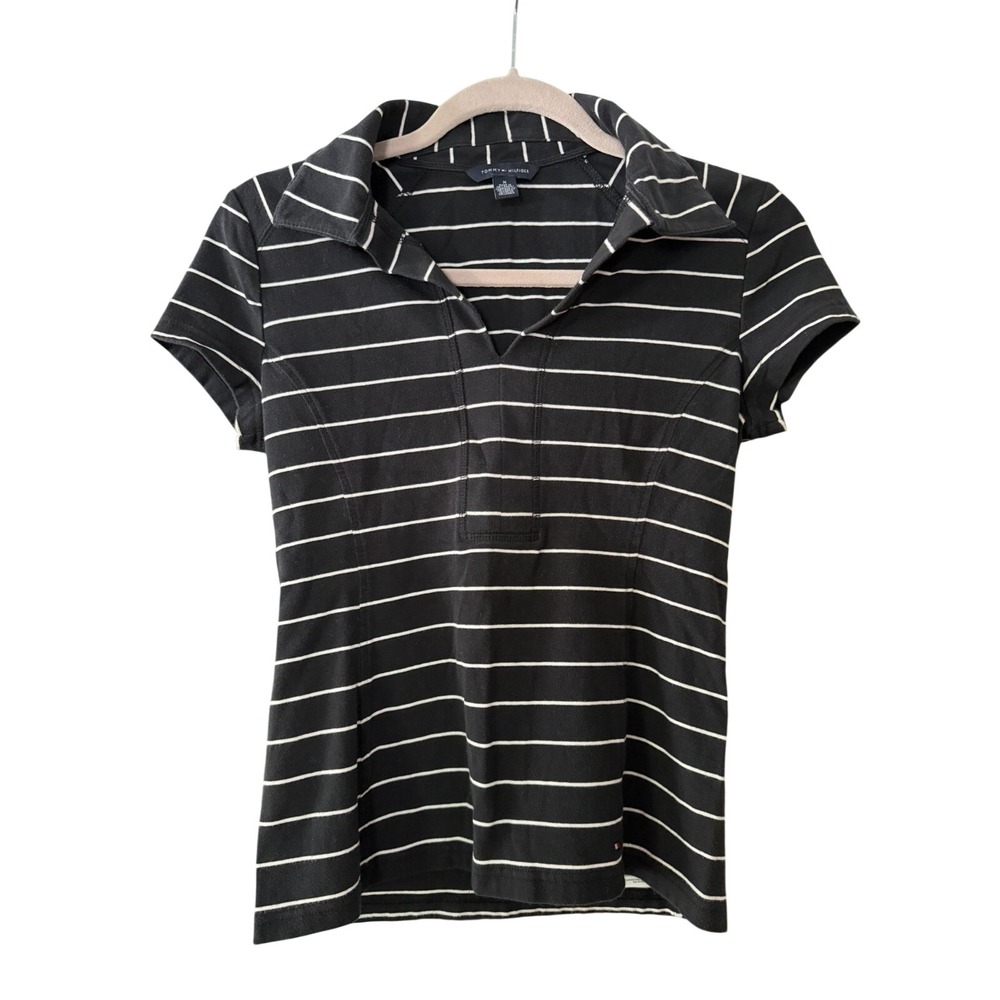 Tommy Hilfiger Women's M Black White Stripe Slim Fit Polo Shirt | SKU 0583